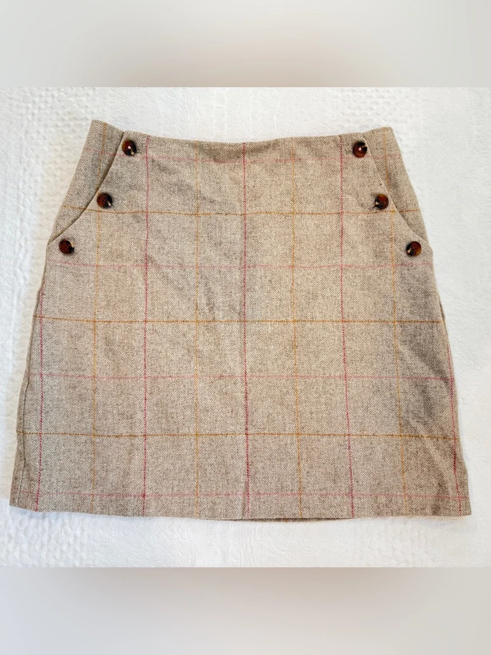 Joules Ladies Calla Grey Tweed Wool Blend Skirt Buttons Size US 8 UK 12